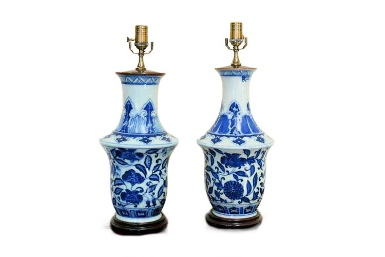 Near Pair Blue and White Porcelain Table Lamps