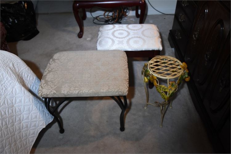 Two (2) Upholstered Stools and Scrolled Metal Stand