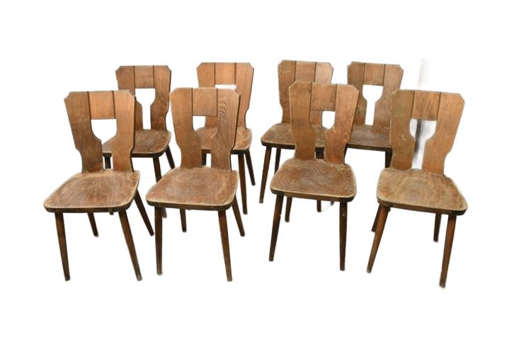 Eight (8) Mid-Century Brutalist Wood Dining Chairs
