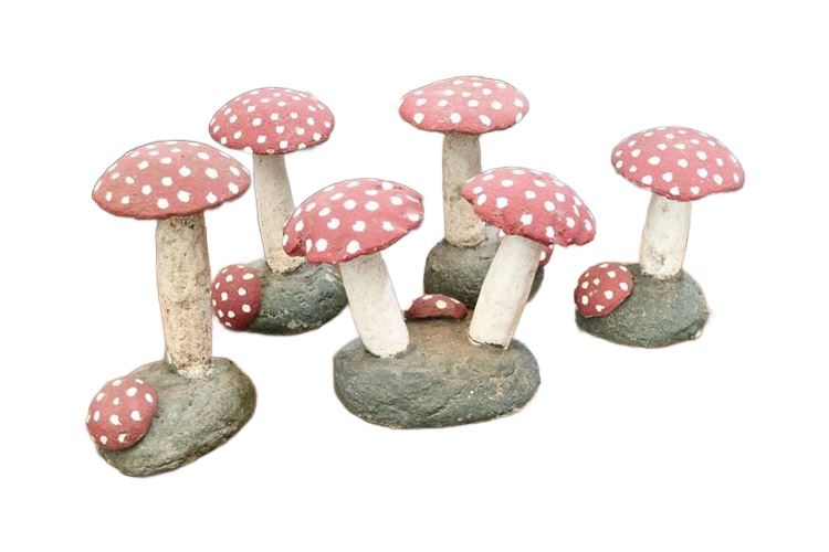 Group Cast Stone Mushrooms with Red, Green, and White Paint