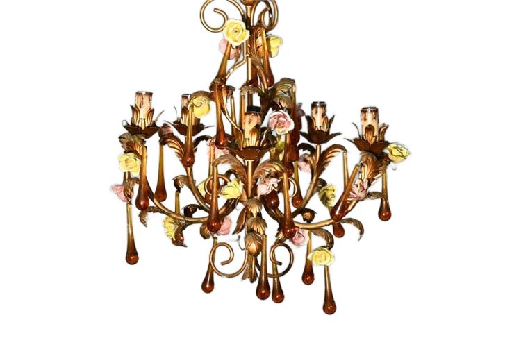 Gilt Rose Pattern Chandelier With Glass Drop Beads