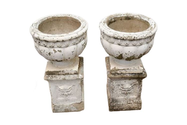Pair White Painted Garden Urns On Stands