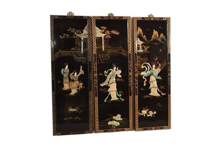Three (3) Chinese Inlaid Stone  Black Lacquer Panels