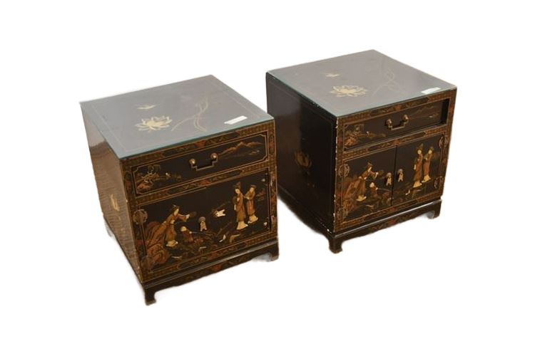 Pair Chinese Inlaid Black Lacquered End Tables