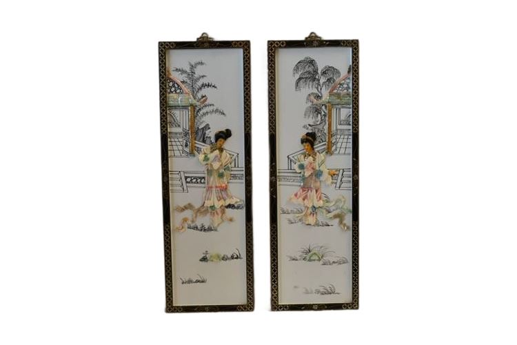 Pair Vintage Inlaid Asian Hanging Art Panels