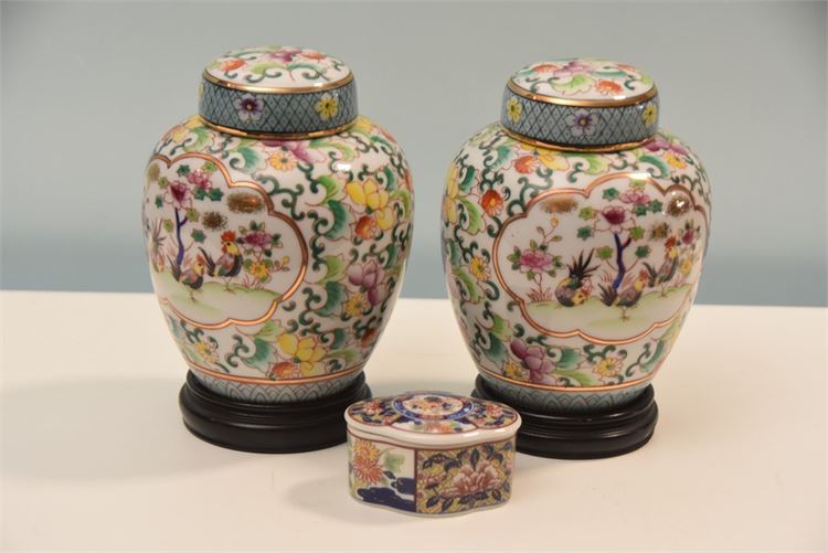Pair Lidded Asian Jars and Trinket Box