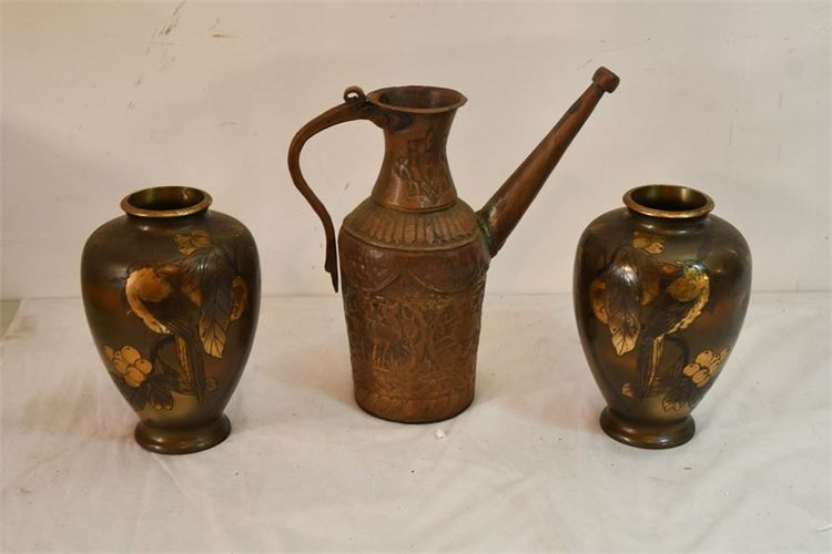 Copper Pitcher and Pair Vases