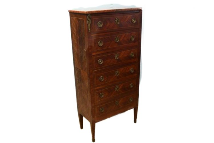 Antique Marble Top Chest Of Drawers With Brass Accents