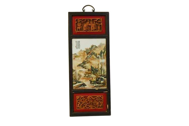 Asian Porcelain Wall Panel With Carved and Painted Wooden Frame
