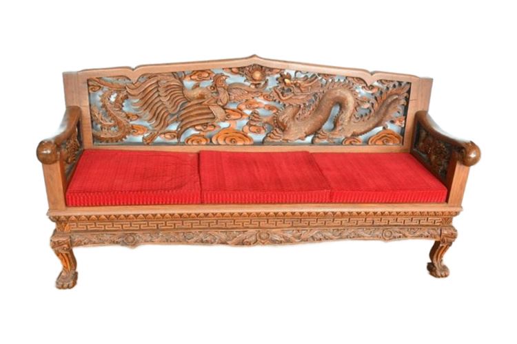 Asian Carved Dragon and Phoenix Bench