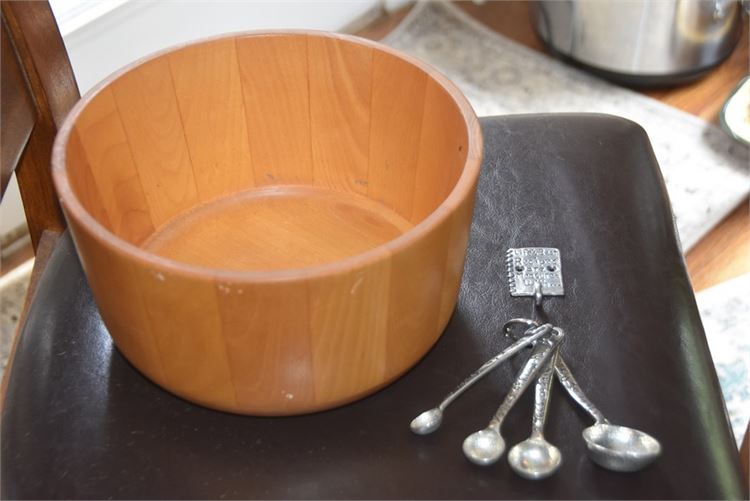Wooden Bowl and Metal Measuring Spoons