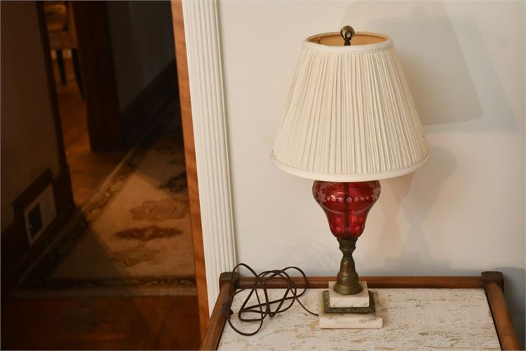 Vintage Brass and Cranberry Glass Table Lamp On Marble Base With Shade