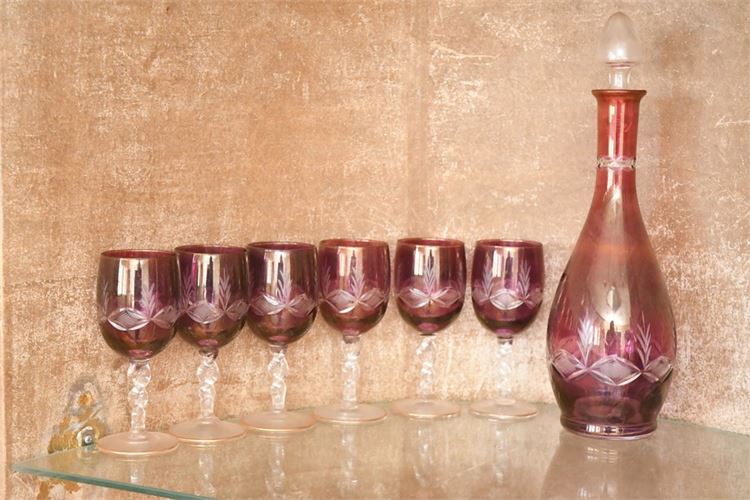 Cranberry Glass Decanter and Six (6) Wine Glasses