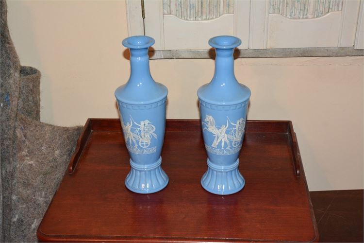 Pair Vintage 1960 Jim Beam Ceramic Olympian Blue Decanters