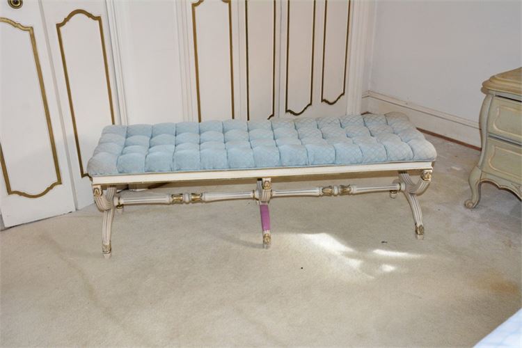 Vintage Painted and Gilt Bench With Blue Tufted Cushion