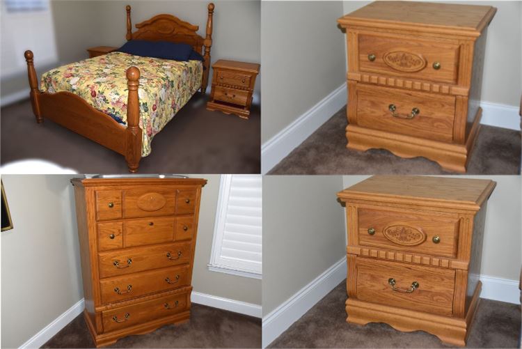 SOLID OAK 4 PC QUEEN BEDRROM SET WITH SECRET DRAWERS IN NIGHTSTAND AND CHEST