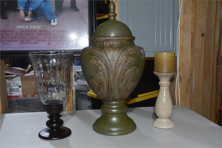 Two (2) Candle Holders and Lidded Urn