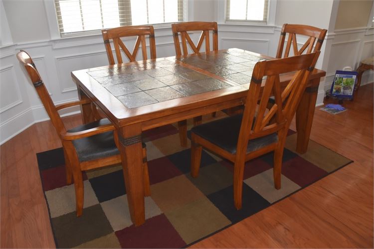 Tile Top Wooden Dining Table and Five (5) Chairs