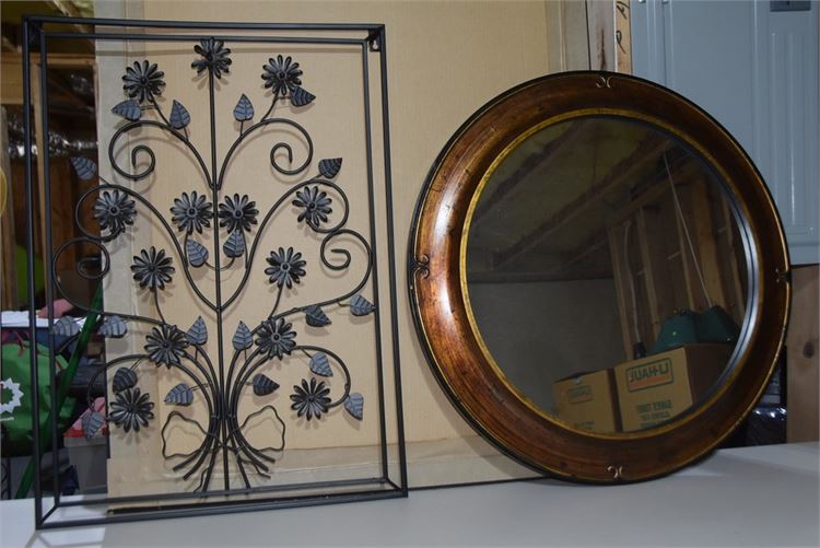 Scrolled Metal Wall Hanging and Round Wall Mirror