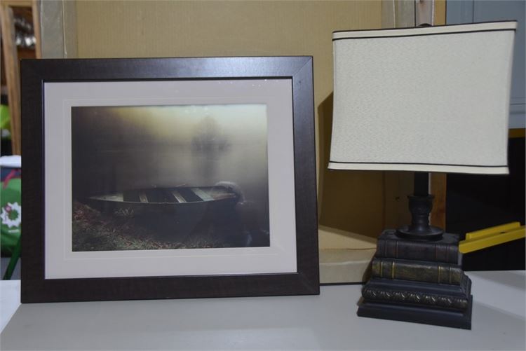 Framed Nautical Artwork and Book From Table Lamp With Shade