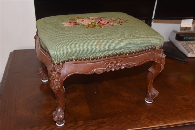Embroidered Stool With Carved Details