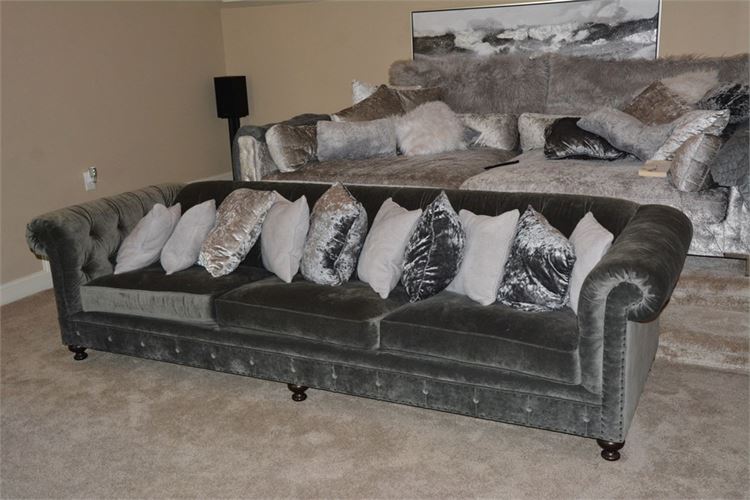 BERNHARDT Grey Tufted and Upholstered Rolled Arm Sofa