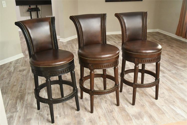 Three (3) Level High Back Swivel Leather Upholstered Bar Stools With Tack Trim
