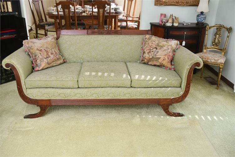 Duncan Phyfe Style Mahogany Framed Green Upholstered Sofa