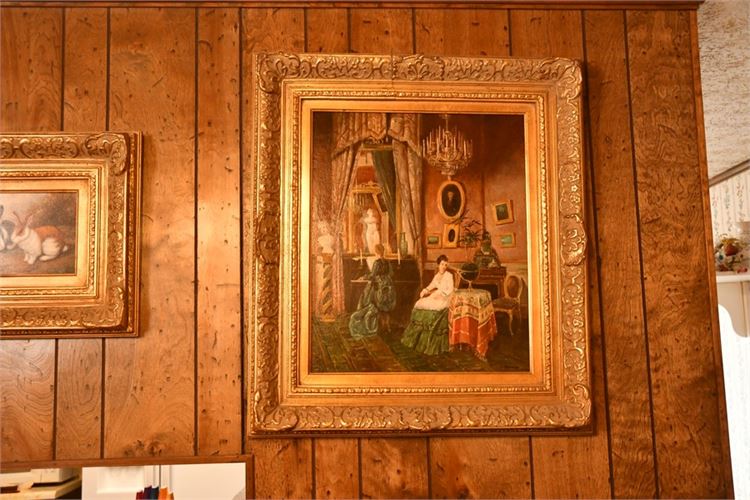 Oil On Canvas Room Scene In Gilt Frame