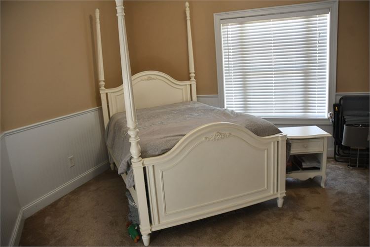 White Poster Bed and Nightstand