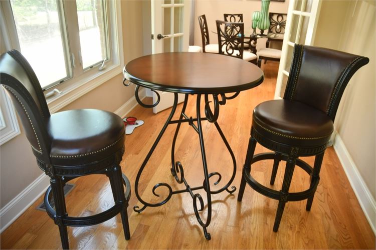Cafe Table With Scrolled Metal Base and Two (2) Leather Upholstered Stools
