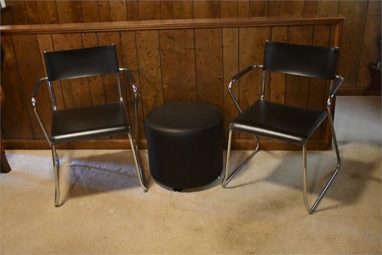 Two (2) Leather and Chrome Armchairs and Ottoman