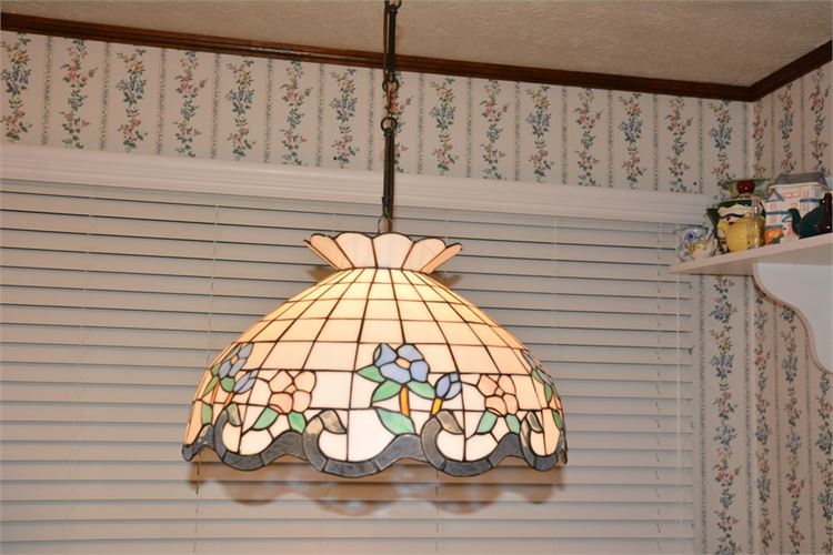 Vintage Pendant Light With Floral Pattern Leaded Glass Shade
