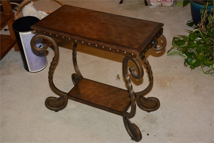 Scrolled Metal Leather Top Side Table