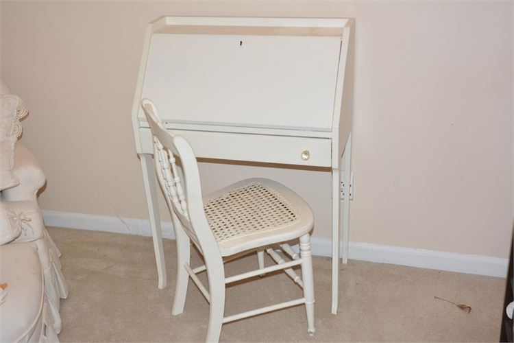 White Painted Slant Front Desk and Cane Seat Chair