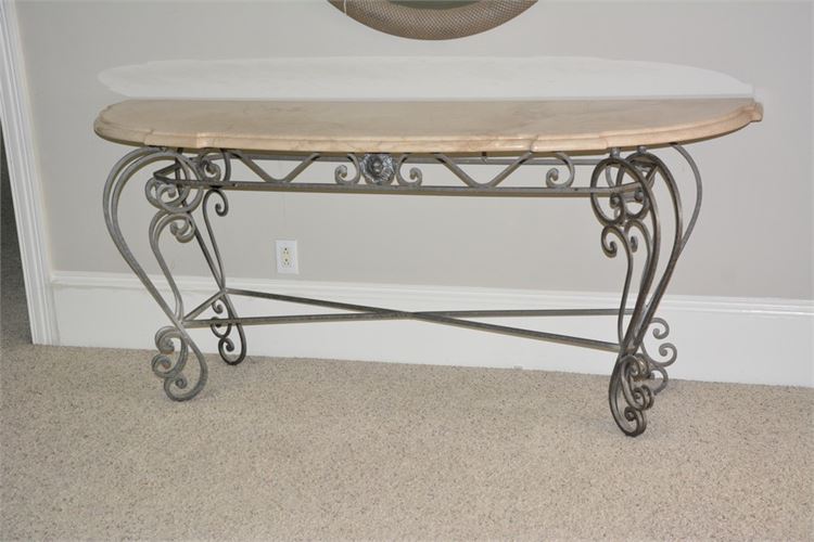 Marble Top Demilune Console Table With Scrolled Metal Base