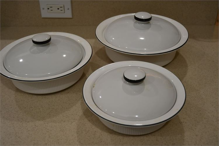 Three (3) Stoneware Casserole Dishes With Lids