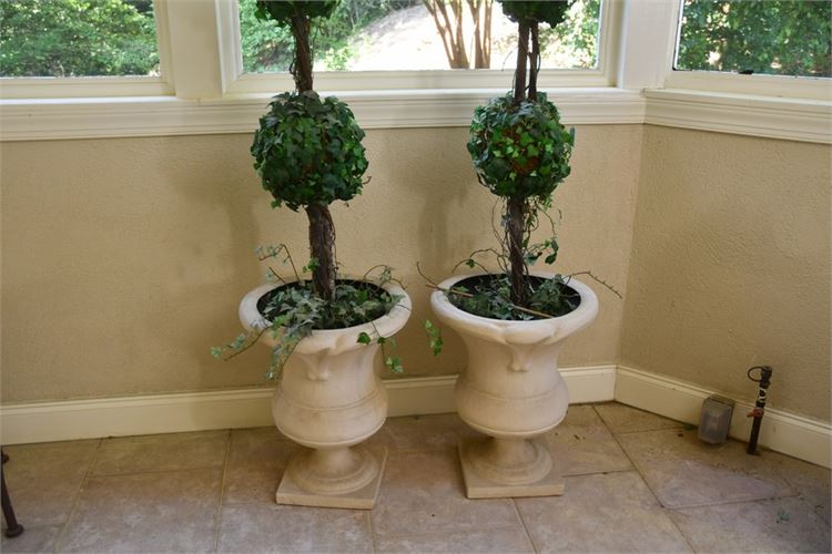 Pair Garden Urns With Faux Topiaries