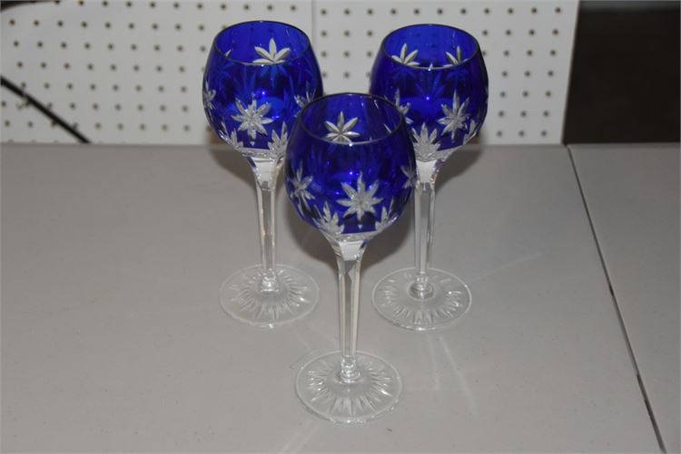 Three (3) Cobalt Blue Franklin Mint Crystal Wine Glasses
