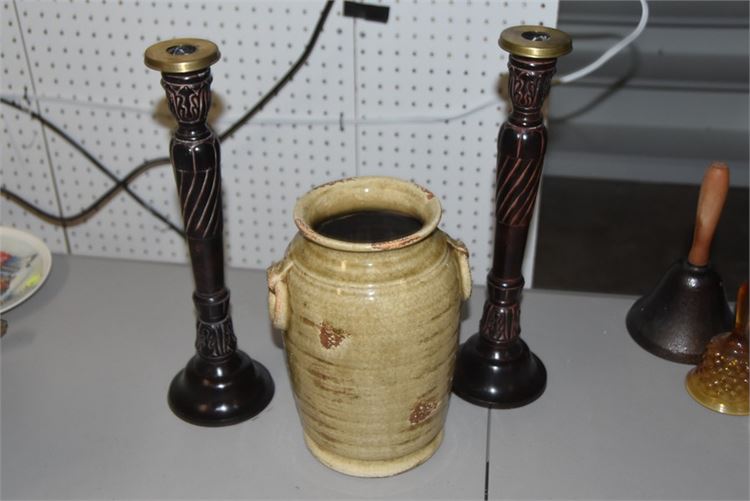 Glazed Pottery Vase and Pair Candle Holders