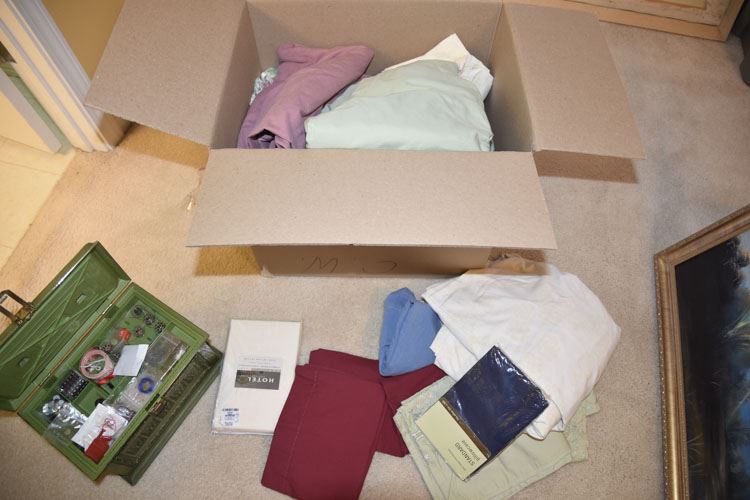 Various Linens And Sewing Box