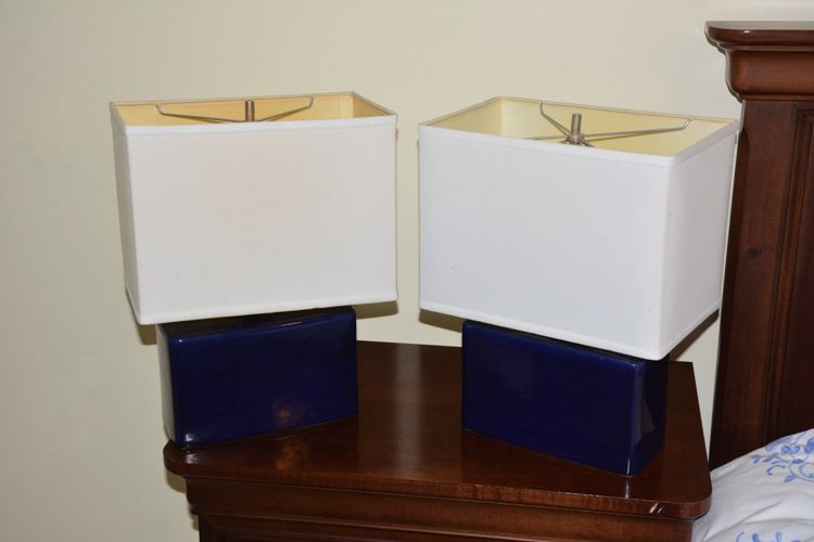Pair Cobalt Blue Table Lamps with White Shades