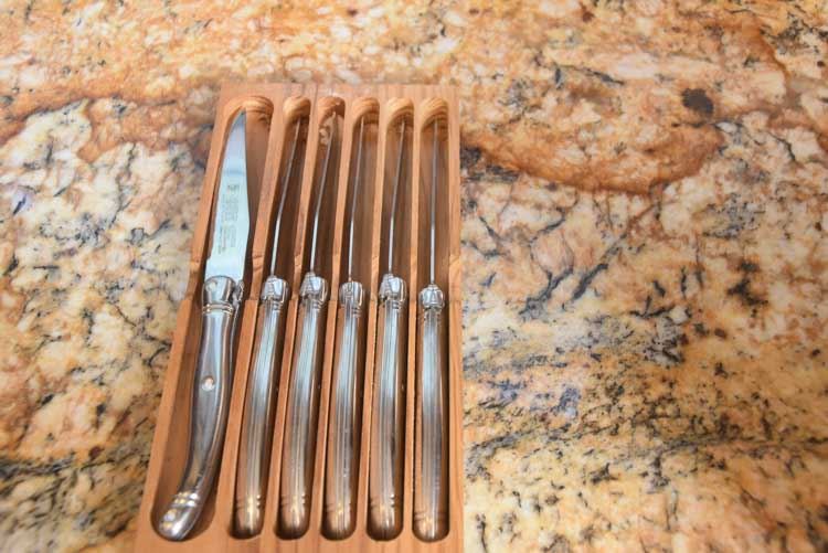French Laguiole Six-Piece Steak Knife Set in Wood Drawer Tray Sabatier
